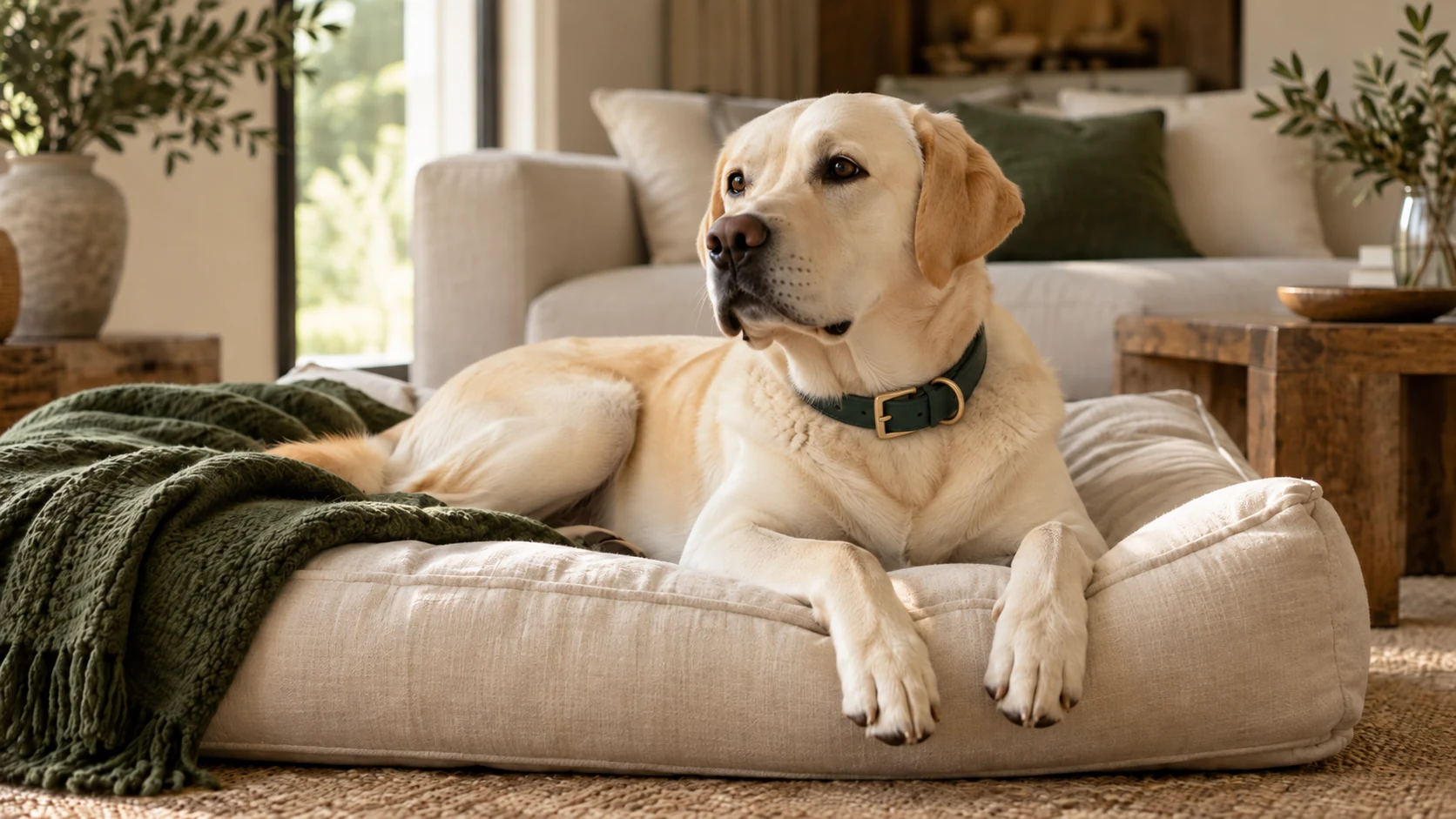 Labrador crema recostado sobre una cama de lino con una manta verde